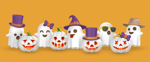 Cute Cartoon Halloween Pumpkin Scary Face Ghost Hat Halloween Concept — Vector de stock
