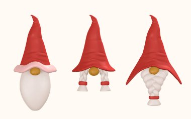 Sakallı ve örgülü cücelerden oluşan komik Noel maskeleri. 3D Xmas ya da çizgi film tarzında yeni yıl elf maskeleri. Vektör illüstrasyonu.