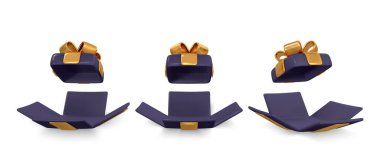 3D gerçekçi siyah hediye kutusunu altın kurdeleli ve beyaz arka planda fiyonk ile aç. Vektör illüstrasyonu.