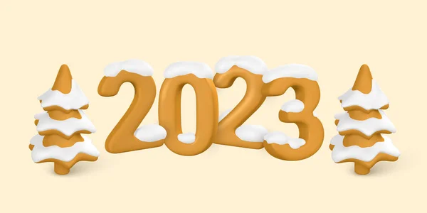 2023 Šťastný Nový Rok Plastové Číslo 2023 Vánoční Stromeček Kresleném — Stockový vektor