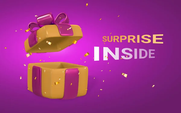 Ανοίξτε Κίτρινο Κουτί Δώρου Και Confetti Ροζ Φόντο Έκπληξη Μέσα — Διανυσματικό Αρχείο