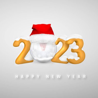 Mutlu yıllar 2023 kapağı. Sarı numara 2023, beyaz kar ve açık gri arka planda Noel Baba şapkalı Xmas kar topu. Vektör illüstrasyonu.