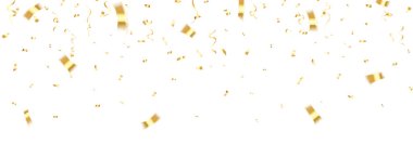 Altın konfeti. Kutlama karnavalı altın renginde parıltılı konfeti döküyor. Lüks tebrik kartı. Vektör illüstrasyonu.