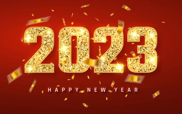 Šťastný Nový Rok 2023 Zlatě Lesklé Zářící Čísla Design Pohlednice — Stockový vektor