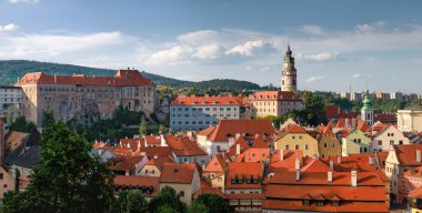 Panorama of Cesky Krumlov. Castle, Tower, cityscape Cesky Krumlov, Czech republic. UNESCO World Heritage Site.