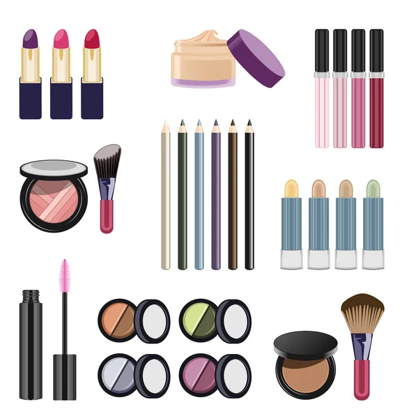 Verschillende cosmetica en make-up artikelen instellen — Stockvector