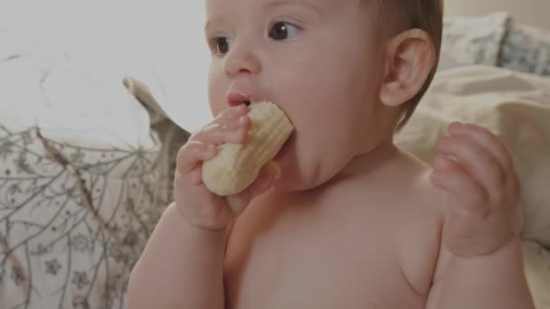 Video van een baby die een stuk banaan eet met gusto, ernaar starend. Gezond eten. Gezond eten. Grappige blije baby. — Stockvideo