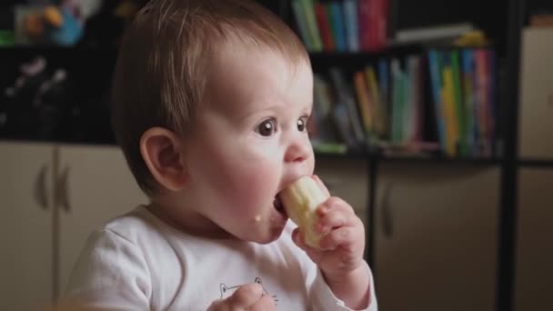 Video with a Baby holding a banana in his hand and biting it with his small mouth. Baby applause. Funny happy baby. Baby girl. Active healthy childhood. — Stock Video