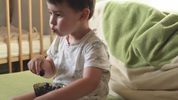 Vídeo con un niño disfrutando del tazón de arándanos que sostiene en sus brazos. Estilo de vida saludable — Vídeos de Stock