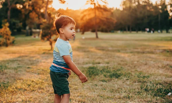 O retrato de um menino de pé no parque, brincando, andando à luz do sol. Pôr do sol. Férias. Vista lateral — Fotografia de Stock