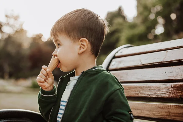 Retrato de um pequeno bebê comendo gelado no parque sentado no banco. Vista lateral. Divertimento exterior do verão. Férias — Fotografia de Stock