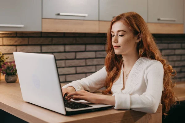 Kızıl saçlı iş kadını sabahları masa başında bilgisayar başında oturuyor. İnternette okuyan bir kız. Çevrimiçi eğitim, uzak çalışma. — Stok fotoğraf