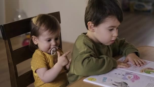 Хлопчик сидить у тому ж стільці зі своєю сестрою, малюючи, вирішуючи вправи, використовуючи кольорові олівці. Діти грають. Дитяча освіта . — стокове відео