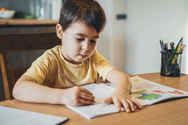 Evinde deftere kitap yazan beyaz bir çocuk. Çocuk eğitimi. Çalışıyorum, ödev yapıyorum. Çocuk çevrimiçi öğrenim okulu öğreniyor. Online öğretim.