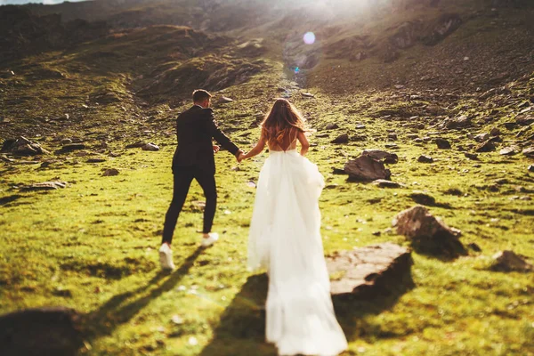 Vista trasera de la novia y el novio tomados de la mano corriendo por las verdes colinas con piedras escalando la montaña. Viaje de bodas. —  Fotos de Stock