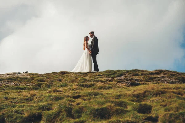 Widok z boku kochającej się pary weselnej stojącej na trawiastym wzgórzu i trzymającej się za ręce patrząc na siebie. Widok z boku. Wesele świąteczne. Widok z góry, styl życia — Zdjęcie stockowe