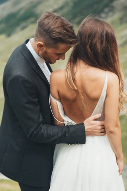 Beyaz damat doğada güzel geline nazikçe sarılıyor. Güzel düğün fotoşopu kavramı. Gelinlerin arkasını kapatın. El ele tutuşarak. Güzellik