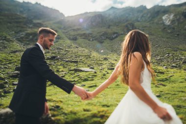 Gelinler dağlarda el ele yürüyorlar. Gelin ve şık damat. Romantik Evli Genç Aile