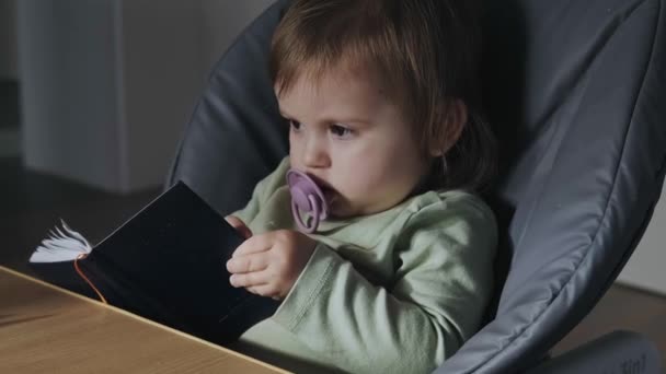 Baby girl sucking a pacifier, looking concentrate at the notebook she is holding in her hand. Beautiful portrait. Child development. Beauty face. Baby care. — 비디오