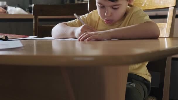 Close up image of focused schoolboy hands holding pencil writing and doing home work on class book. Hand drawing. Writing education concept. Child development. — Vídeo de stock