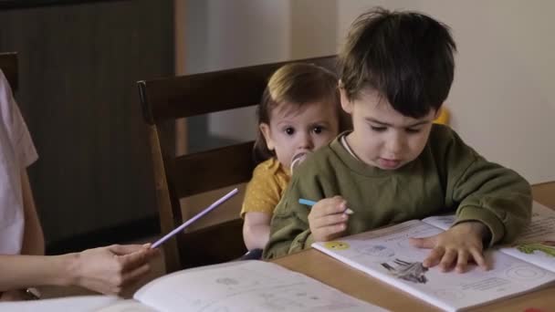 Boy drawing at the lesson table kissing his babys sister on the forehead sitting behind him. Colorful portrait. Baby development. Hand drawing. — Vídeo de stock