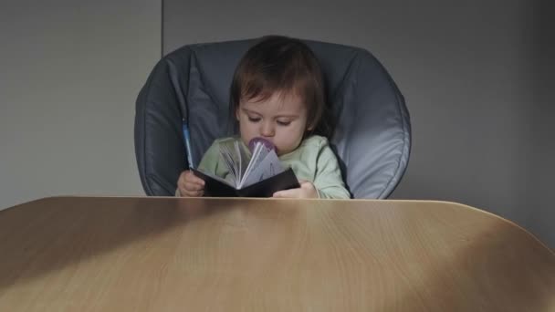 Concentrated baby sitting at the head of the table and flipping through a notebook he is holding. Beautiful portrait. Beauty face. — Stock Video
