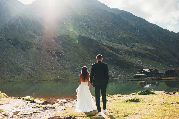 Vista Trasera Novio Una Novia Mirando Lago Montaña Fondo Romántico —  Fotos de Stock