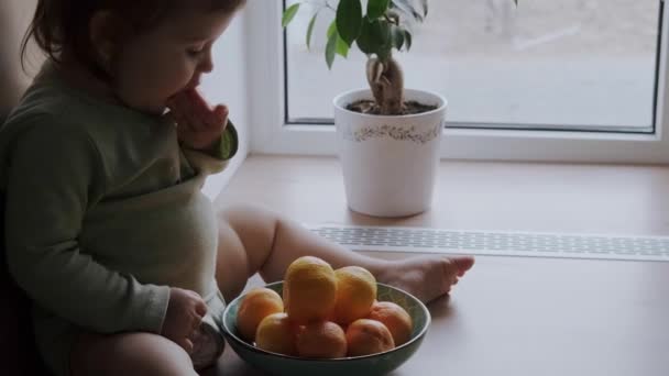 Adorable Baby Girl Bowl Fruits Sitting Floor Kids Healthy Eating — Stock Video