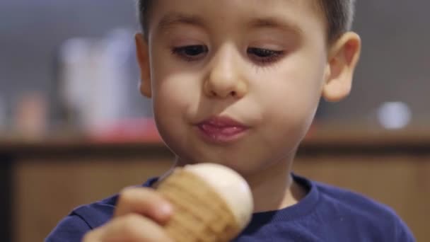 Mutlu Çocuk Yaz Tatillerinde Evde Oturup Lezzetli Dondurmalar Yiyor Dondurmasını — Stok video