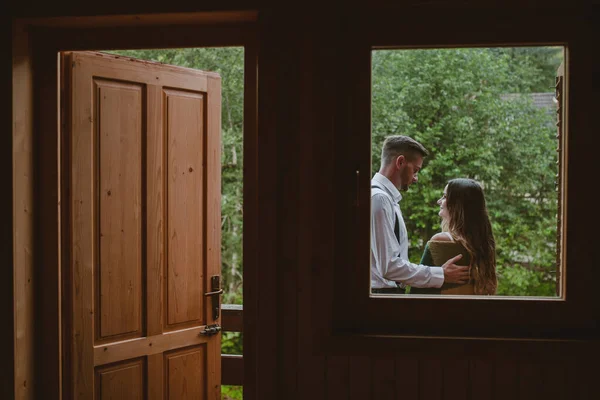 View Window Bride Groom Sitting Balcony Talking Spending Day Together — Stock Photo, Image