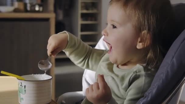 Bambina Seduta Seggiolone Mangiare Yogurt Con Cucchiaio Una Tazza Pasto — Video Stock