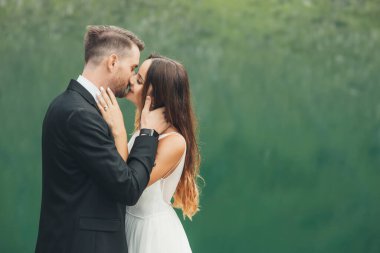 Dağdaki gölün kıyısında öpüşen bir çiftin portresi. Yeşil arka plan. Düğün seyahati. Düğün çifti.
