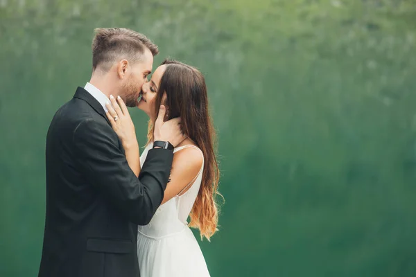 Portrait Wedding Couple Kissing Standing Shore Lake Mountain Green Background — 스톡 사진