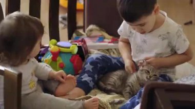 Sabahları iki küçük mutlu çocuk kedileriyle yatakta oynuyorlar. Aile koruması. Mutlu aile.