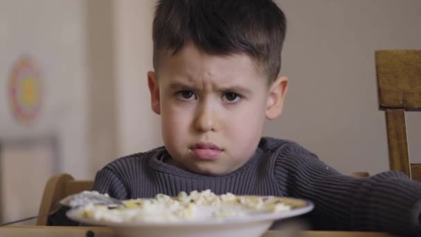 Caucasian Child Does Want Eat Porridge Crying Boy Food Concept — Wideo stockowe