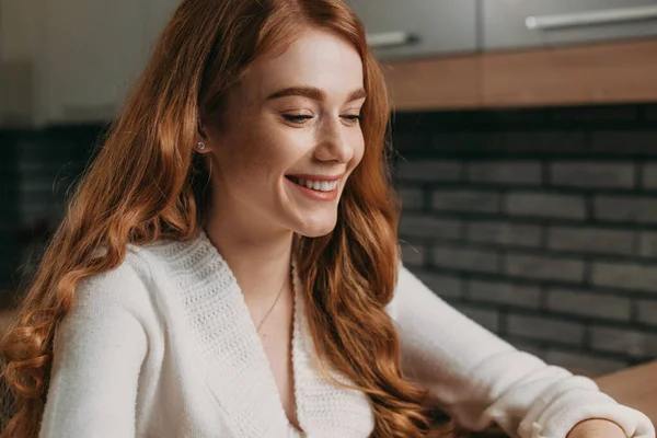 Portrait Beautiful Ginger Woman Working Using Laptop Concentrated Smiling Businesswoman — Foto Stock