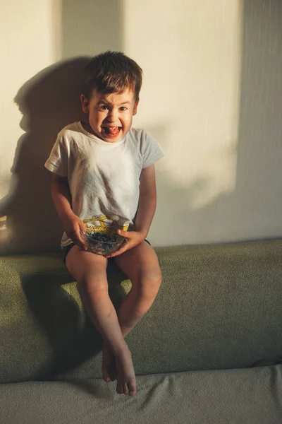 Sweet Little Boy Enjoy Tasting Seasonal Fresh Blueberries Sitting Sofa — Stockfoto