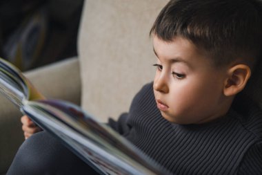 Kafkasyalı küçük çocuk kitap okuyor öğleden sonra kanepede oturuyor. Peri masalı. Çocuk kitap okuyor. Komik çizgi film tarzı.