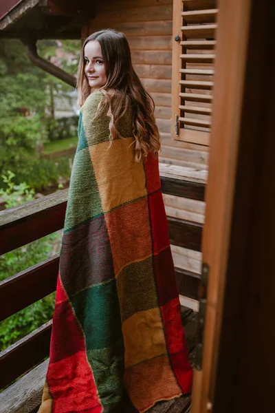Portrait Woman Standing Balcony Watching Sunset Girl Wrapped Warm Blanket — Stock Photo, Image