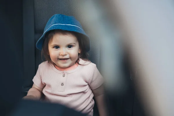 Baby Girl Wearing Hat Sitting Car Looking Camera Enjoying Journey — Fotografia de Stock