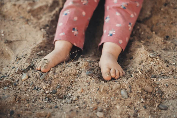 Morning Little Girl Playing Stones Sand Dressed Pink Positive Emotions —  Fotos de Stock