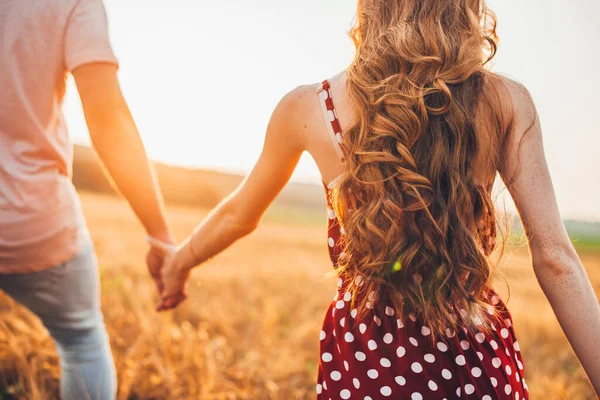 Back View Couple Holding Hands While Walking Wheat Field Sunny — Photo