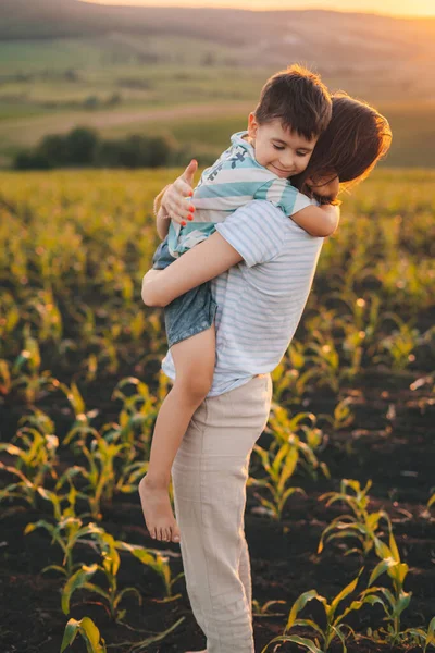 Woman Hugging Her Little Son Walking Corn Field Happy Family — Photo