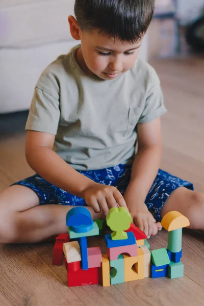 Lovely Boy Playing Building Cubes Sitting Floor Children Quarantine Stayed — Fotografia de Stock