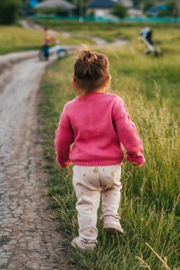 Back view of a baby girl walking on a country road. People lifestyle concept. Childhood concept. Healthy lifestyle. Summer vacation.