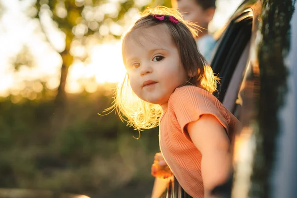 Portrait Baby Girl Sticking Her Head Out Car Window Admire — Fotografia de Stock