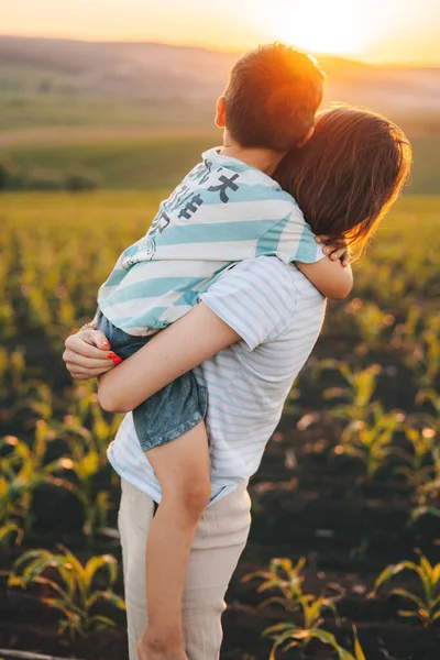 Side View Mother Child Looking Sunset Green Corn Field Beautiful — Photo