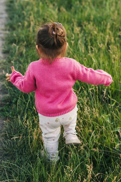 Вид Сзади Девочку Бегущую Полю Зеленой Травой Посещающую Деревню Бабушку — стоковое фото