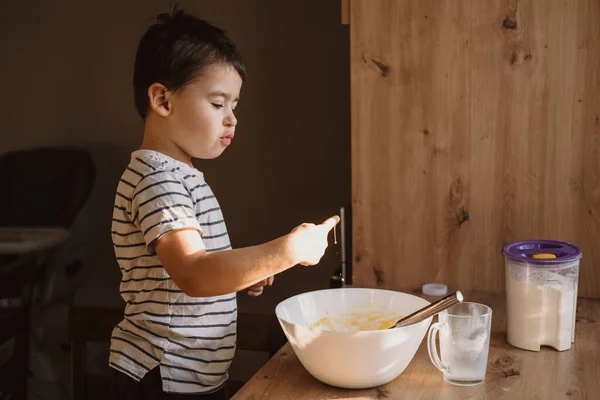 Child Sucking His Finger Taste Whipped Cream Making Cooking Kitchen — Fotografia de Stock