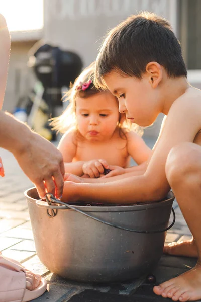 Children Standing Together Mother Helping Wash Cherries Large Bowl Children — Photo